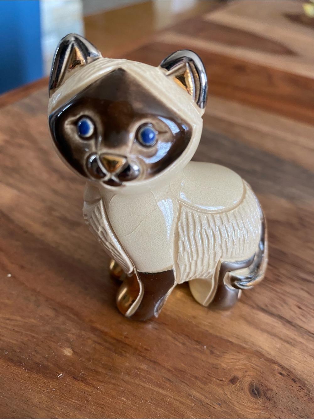 Vintage Ceramic Siamese Cat Figurine in Cream and Brown with Gold Accents
